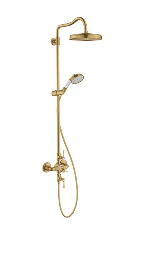 Thermostatische Duschsäule von AXOR mit Kopfbrause und Handbrause in mattem Gold. Einheit mit Steuerung und Schlauchanschluss.